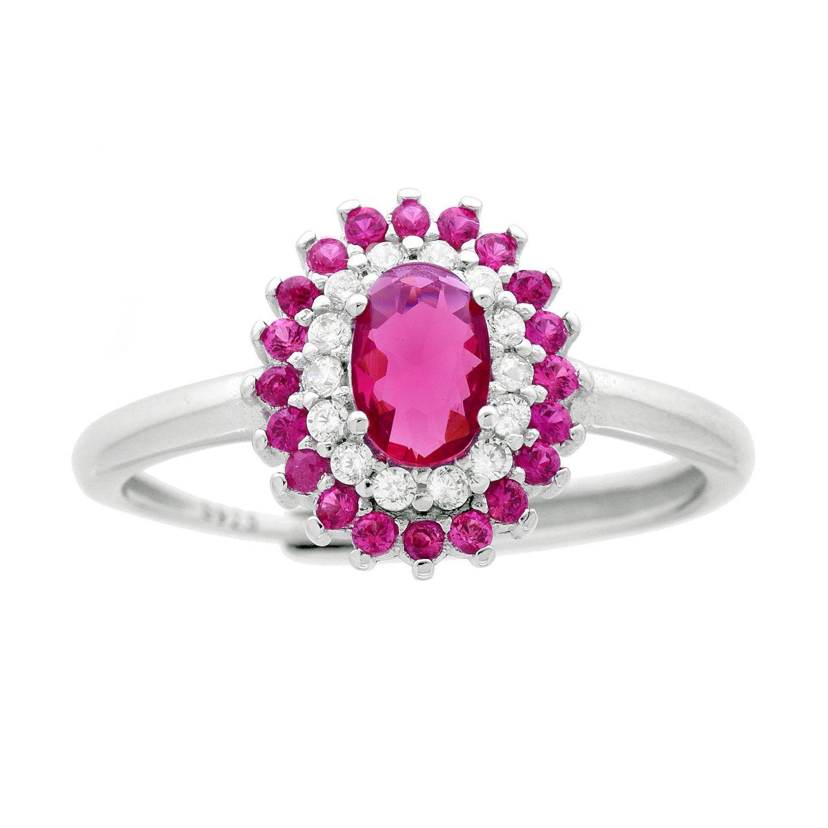 Anello Solitario Ovale con Cubic Zirconia Rosso Rubino e Bianchi in ARGENTO 925 Galvanica Rodio