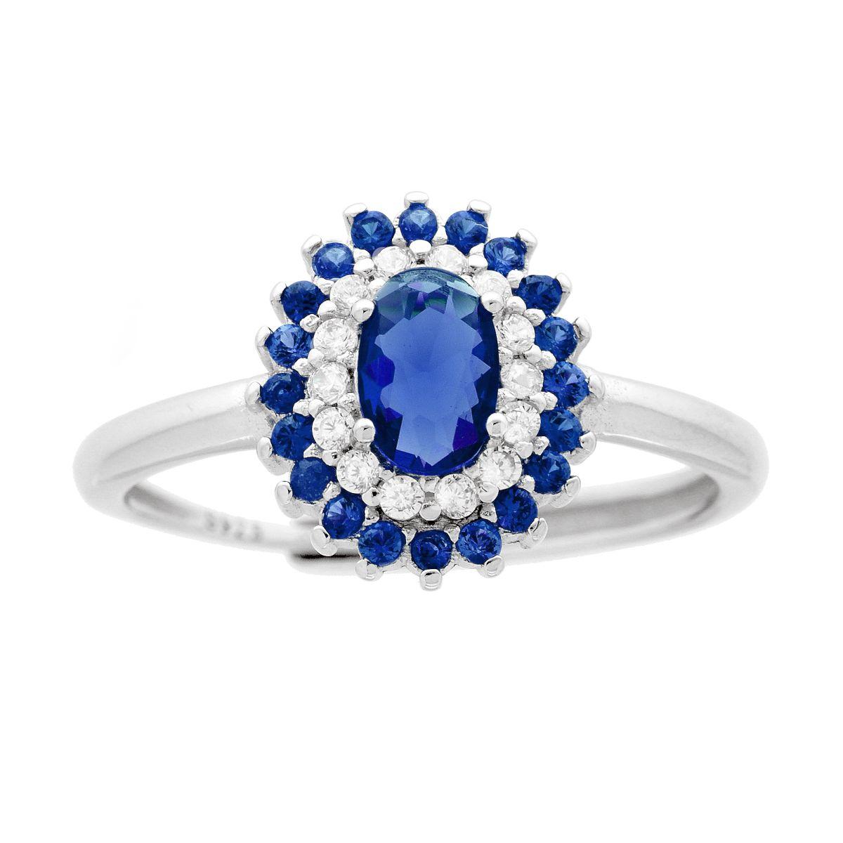 Anello Solitario Ovale con Cubic Zirconia Blu Zaffiro e Bianchi in ARGENTO 925 Galvanica Rodio