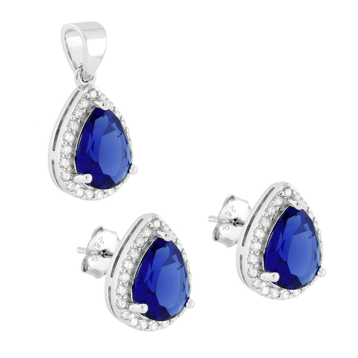 Parure Set Orecchini e Ciondolo Goccia Cubic Zirconia Blu Zaffiro contornato da Cubic Zirconia Bianchi in ARGENTO 925 Galvanica Rodio