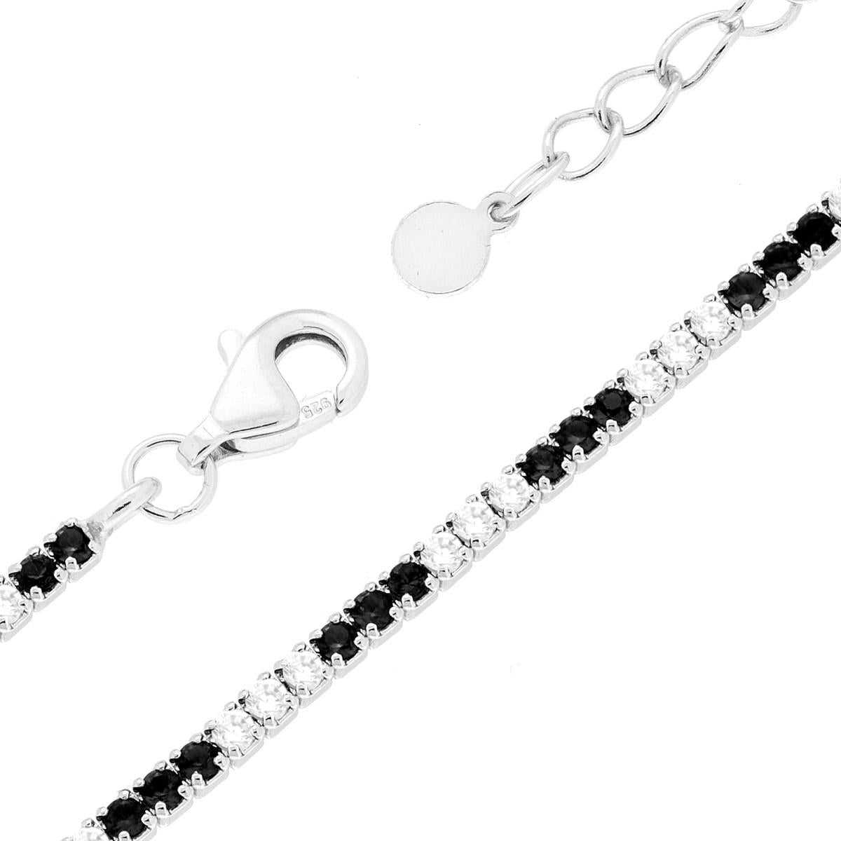 Bracciale Tennis cm 16+3 con Zirconi mm 1.5 alternati Neri e Bianchi in ARGENTO 925 Galvanica Rodio