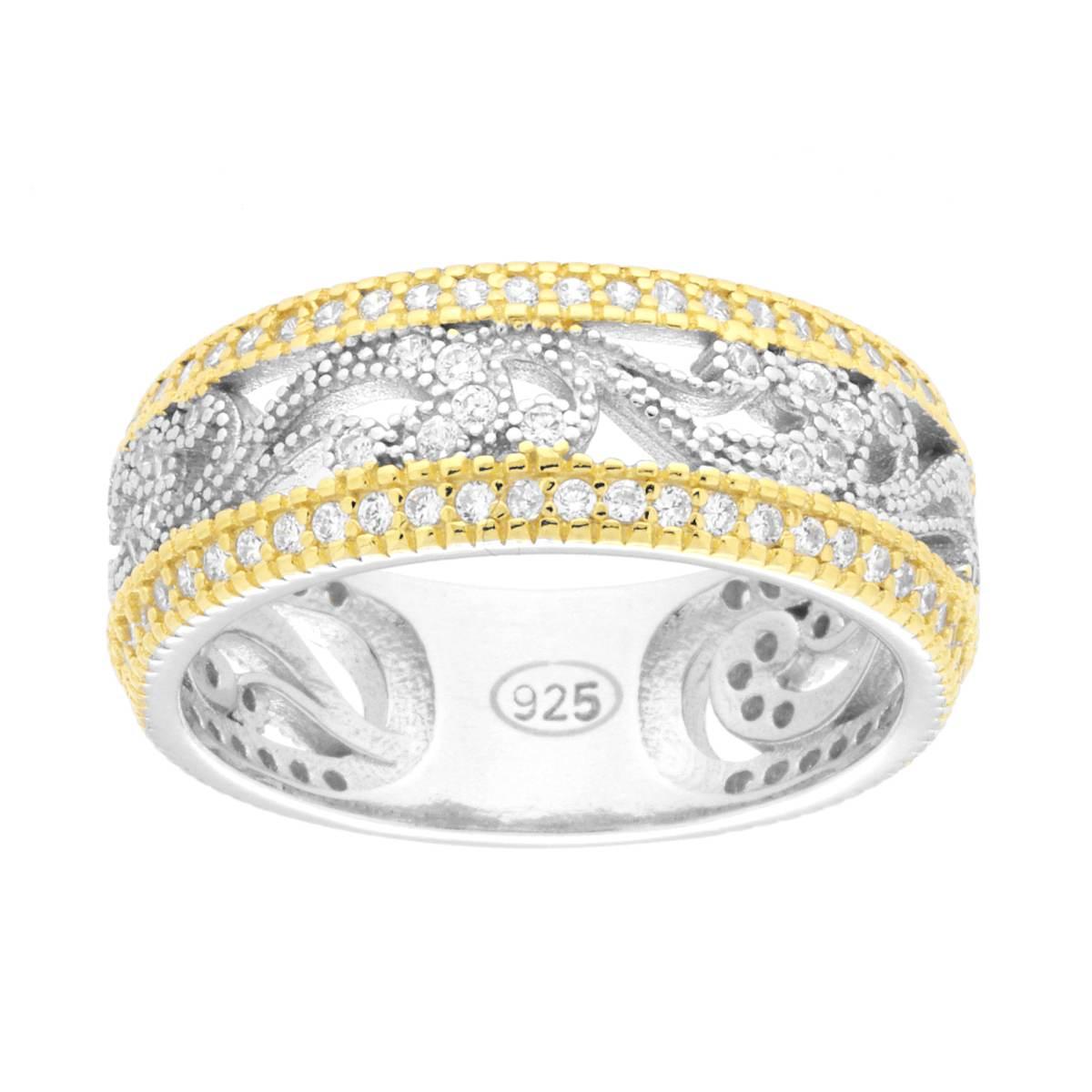 Anello Fascia con motivo ornamentale Cubic Zirconia Bianchi in ARGENTO 925 Galvanica Rodio e Oro