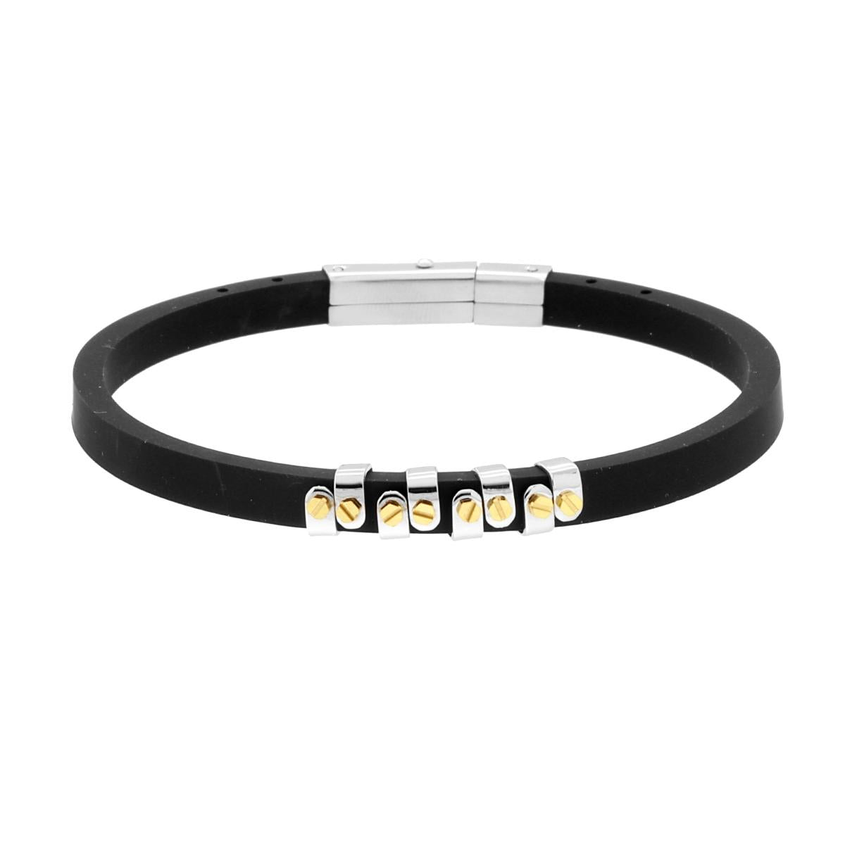 Bracciale Uomo in PVC Caucciu Nero con Accessori Acciaio e Oro in ACCIAIO