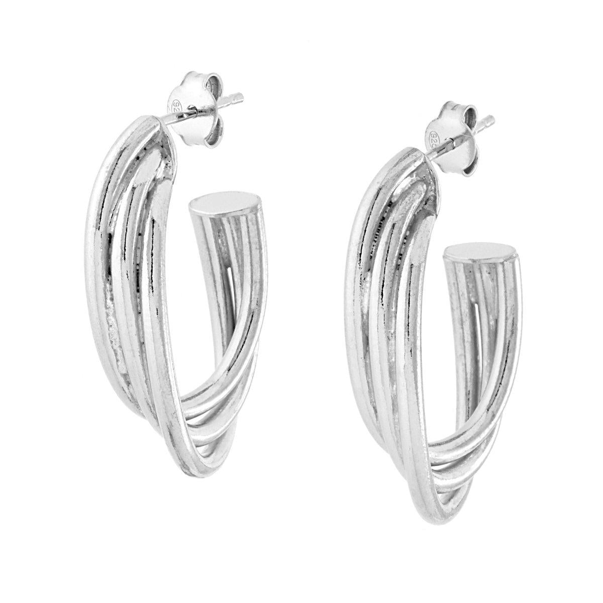 Orecchini Cerchio Ovale tre canne Torchon mm 30x19 in ARGENTO 925 Galvanica Rodio