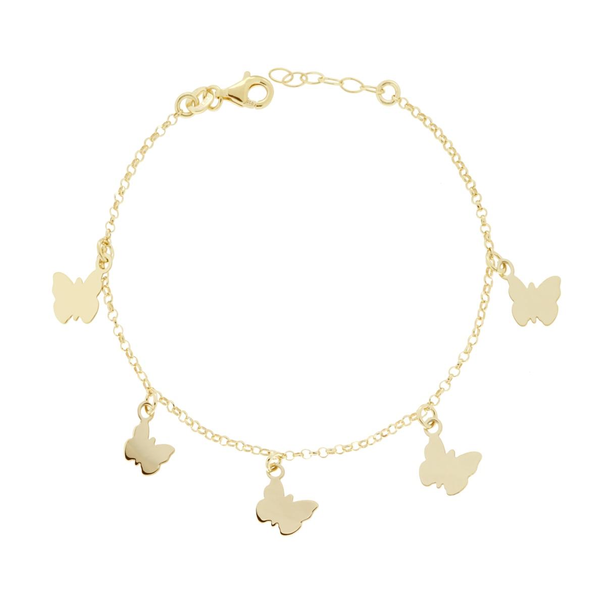 Bracciale Catena Rolo Diamantata con Farfalle plain pendenti in ARGENTO 925 Galvanica Oro
