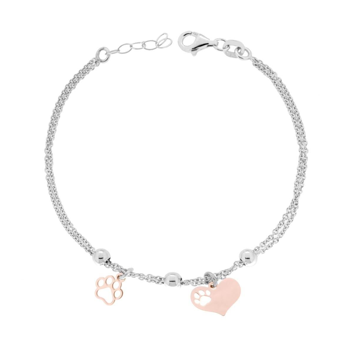 Bracciale due fili Catena Forzatina con Palline Cuori e Impronta Zampa di Cane pendenti in ARGENTO 925 Galvanica Rodio e Rosa