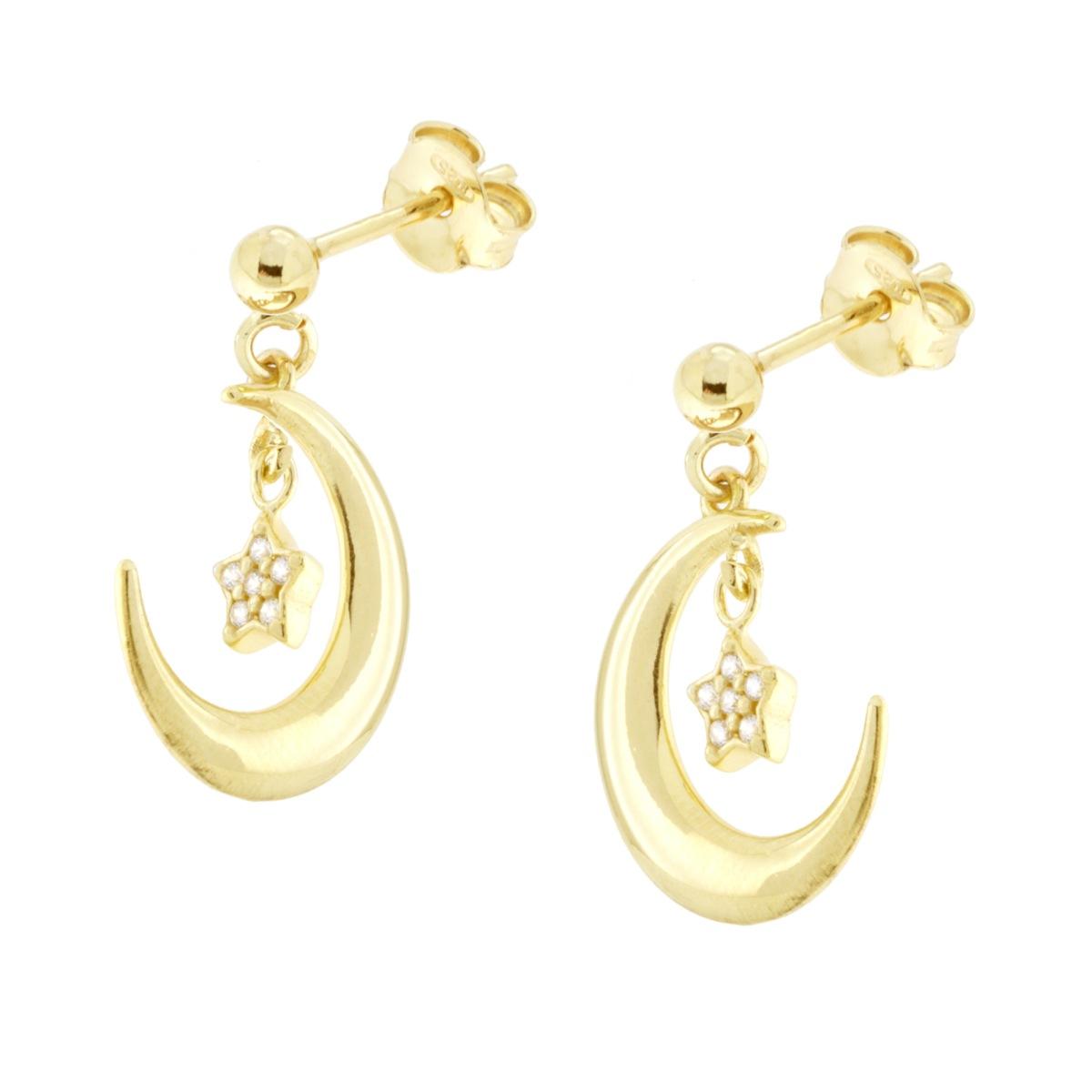 Orecchini Luna e Stelle con Cubic Zirconia Bianchi in ARGENTO 925 Galvanica Oro