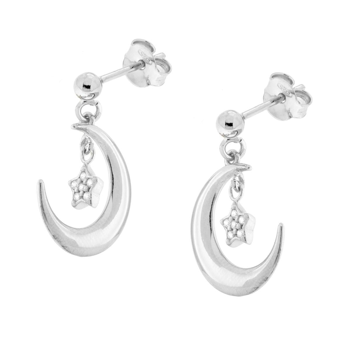 Orecchini Luna e Stelle con Cubic Zirconia Bianchi in ARGENTO 925 Galvanica Rodio