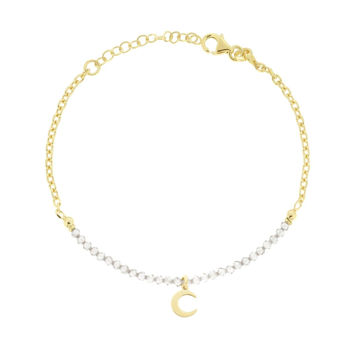 Bracciale Catena Forzatina Diamanta con Luna plain pendente e Crystal Bianchi in ARGENTO 925 Galvanica Oro
