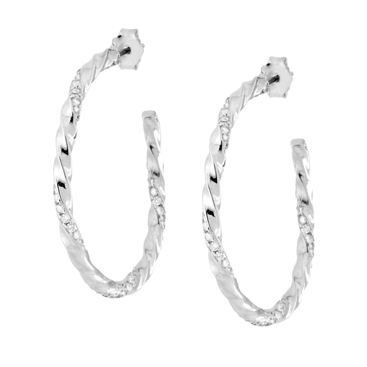 Orecchini Cerchio Torchon mm 32 con Cubic Zirconia Bianchi in ARGENTO 925 Galvanica Rodio