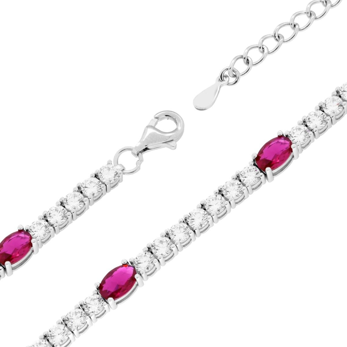 Bracciale Tennis Griffe cm 17+3 con Ovali Cubic Zirconia Rosso Rubino e Bianchi in ARGENTO 925 Galvanica Rodio