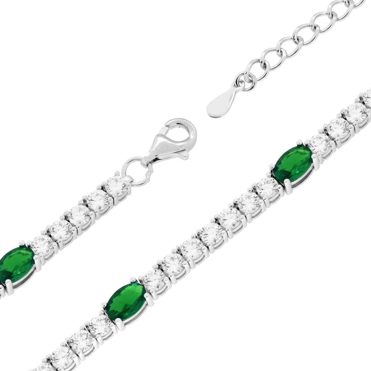 Bracciale Tennis Griffe cm 17+3 con Ovali Cubic Zirconia Verde Smeraldo e Bianchi in ARGENTO 925 Galvanica Rodio