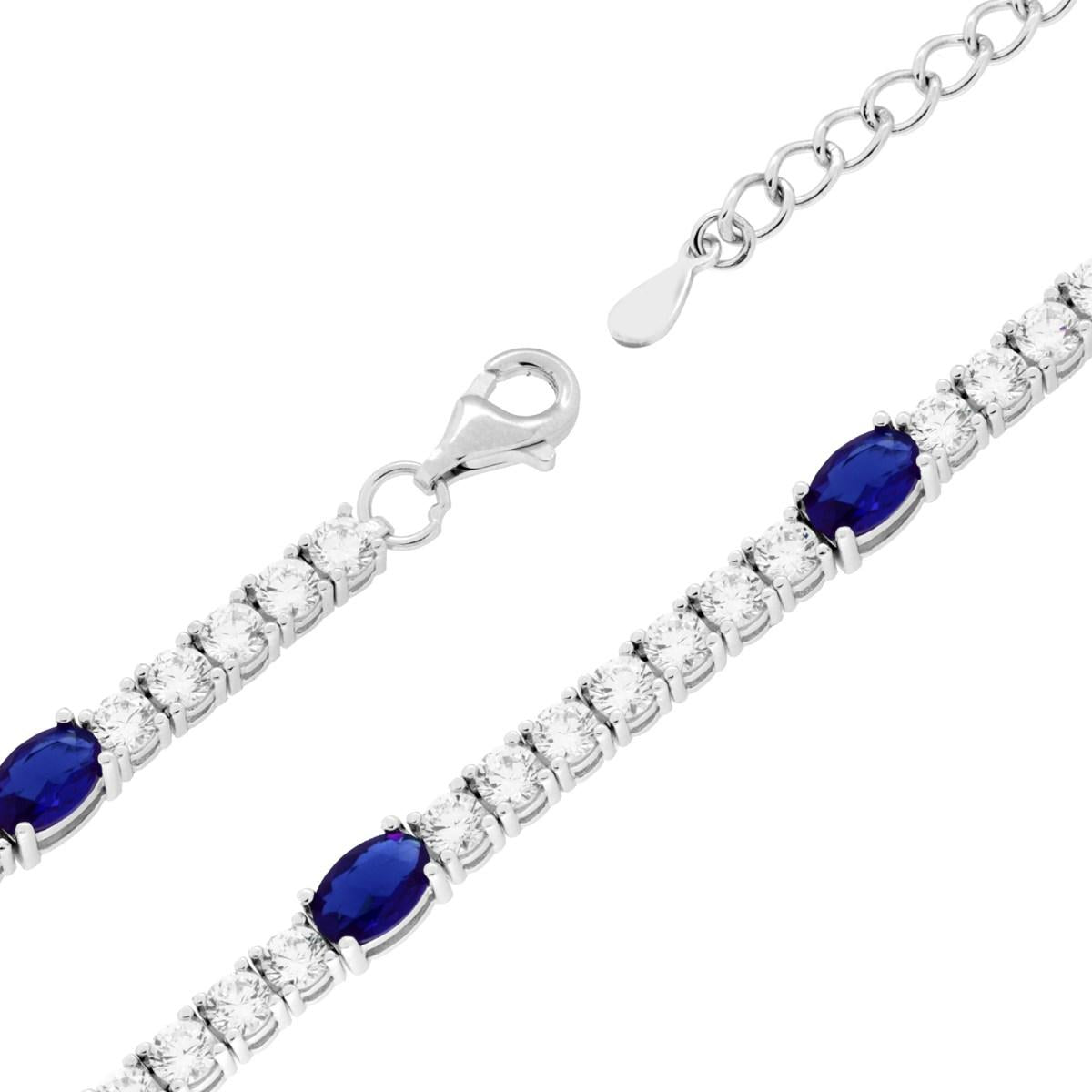 Bracciale Tennis Griffe cm 17+3 con Ovali Cubic Zirconia Blu Zaffiro e Bianchi in ARGENTO 925 Galvanica Rodio