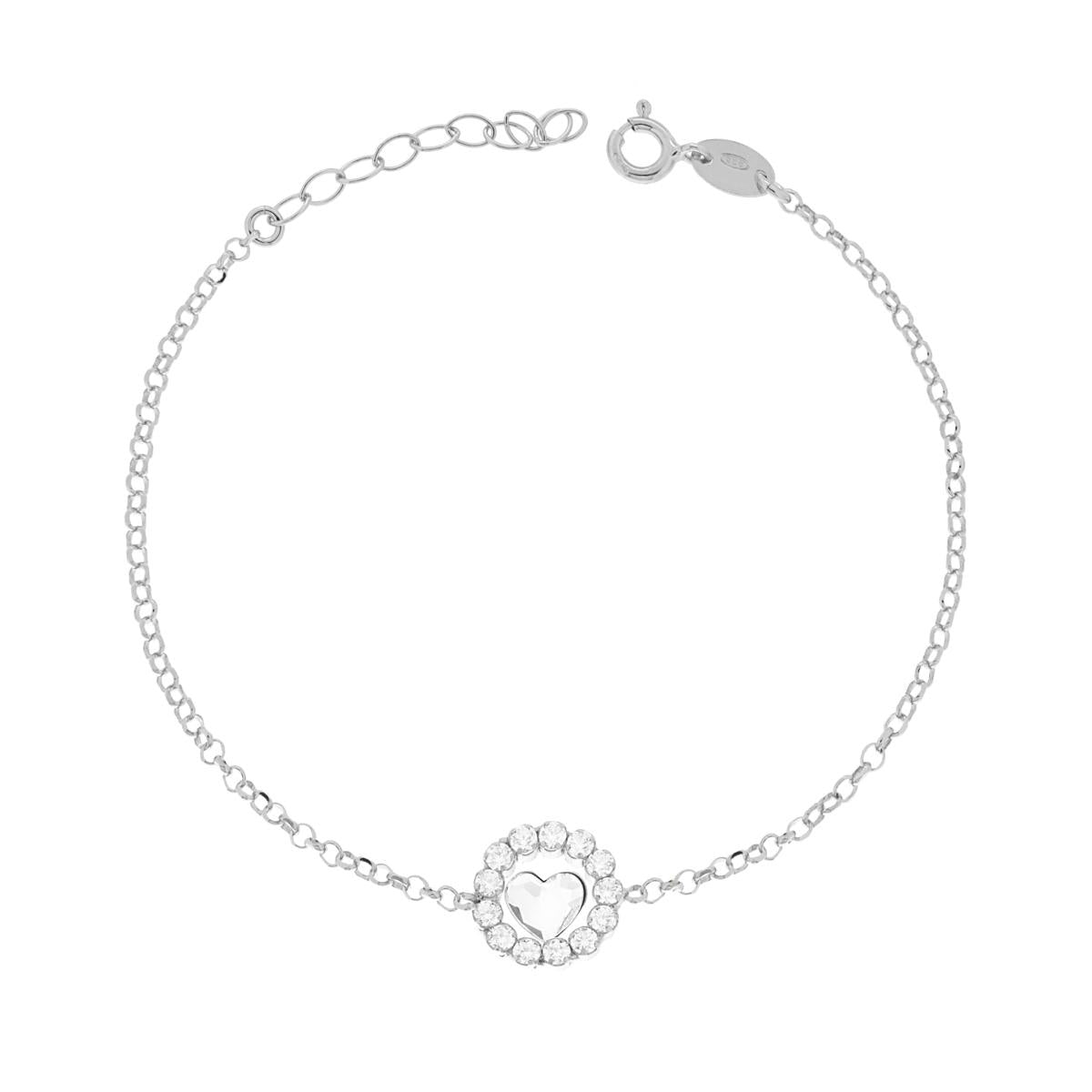 Bracciale Catena Rolo Diamantata con Tondo e Cuore con Cubic Zirconia Bianchi in ARGENTO 925 Galvanica Rodio
