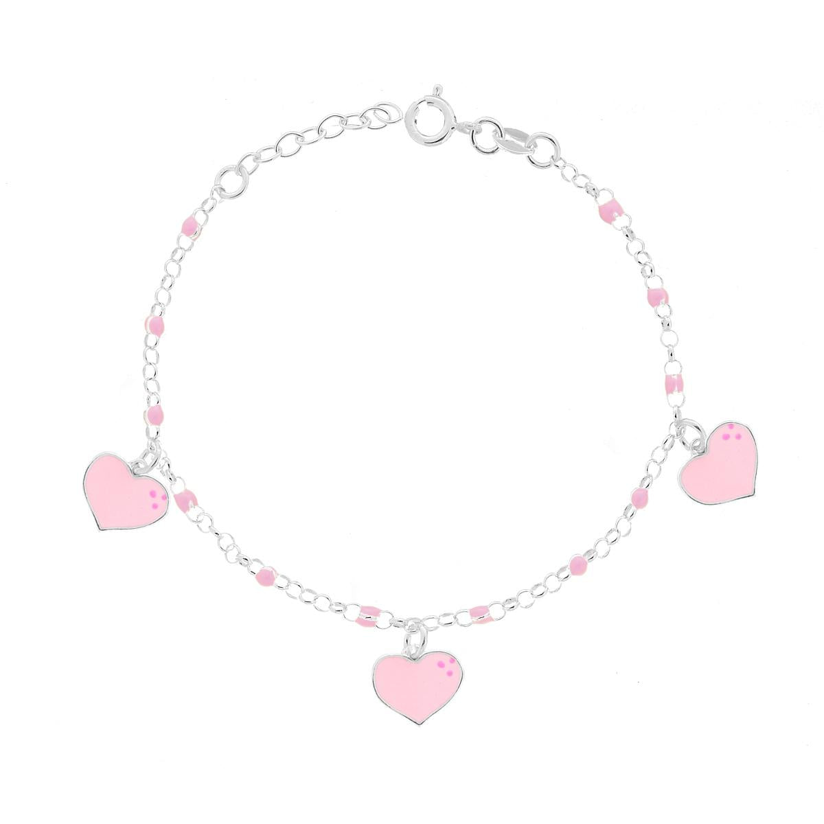 Bracciale Bimbo Bimba Catena Rolo con Palline e Cuori con Smalto Rosa in ARGENTO 925
