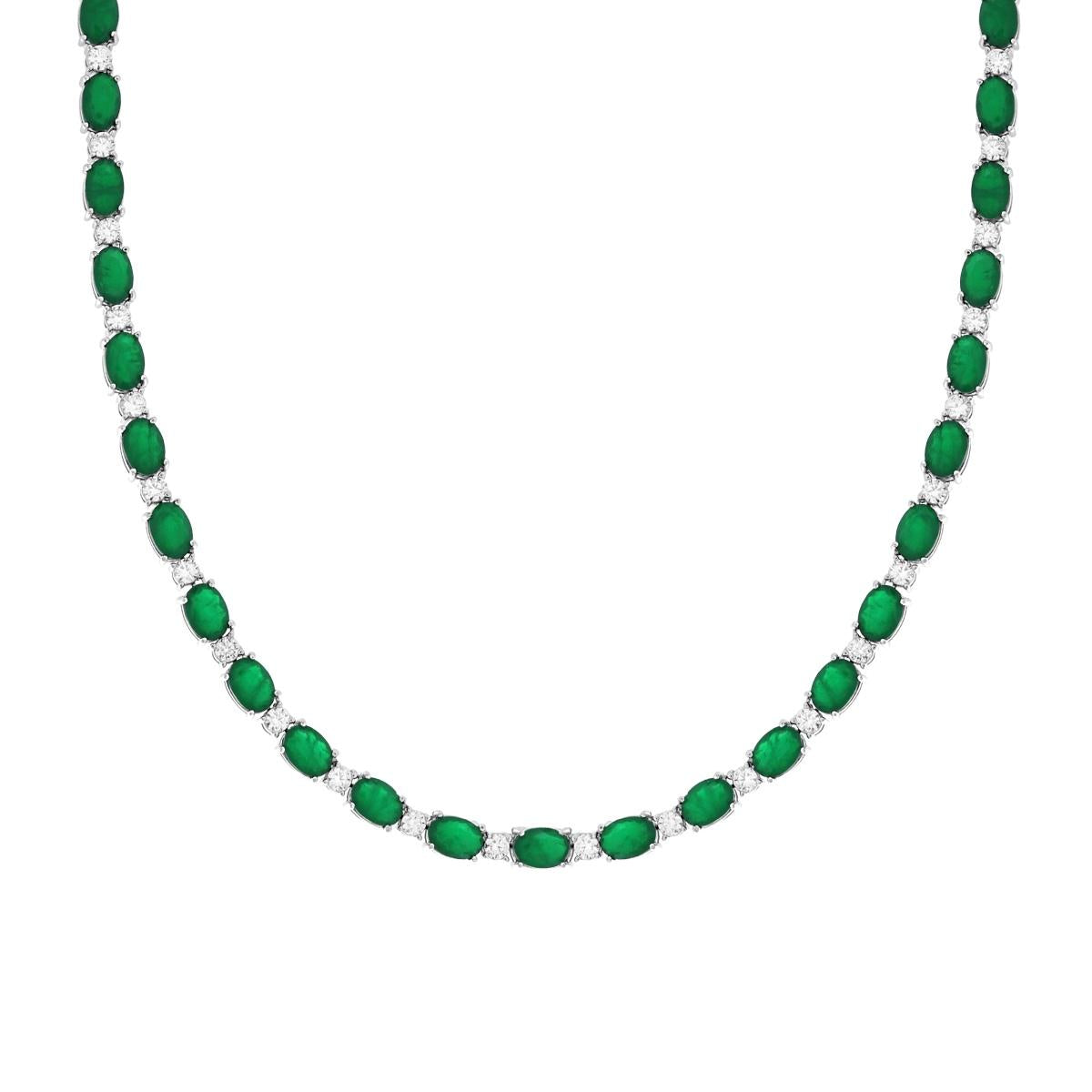 Collana Tennis Ovali Verde Smeraldo e Cubic Zirconia Bianchi in ARGENTO 925 Galvanica Rodio