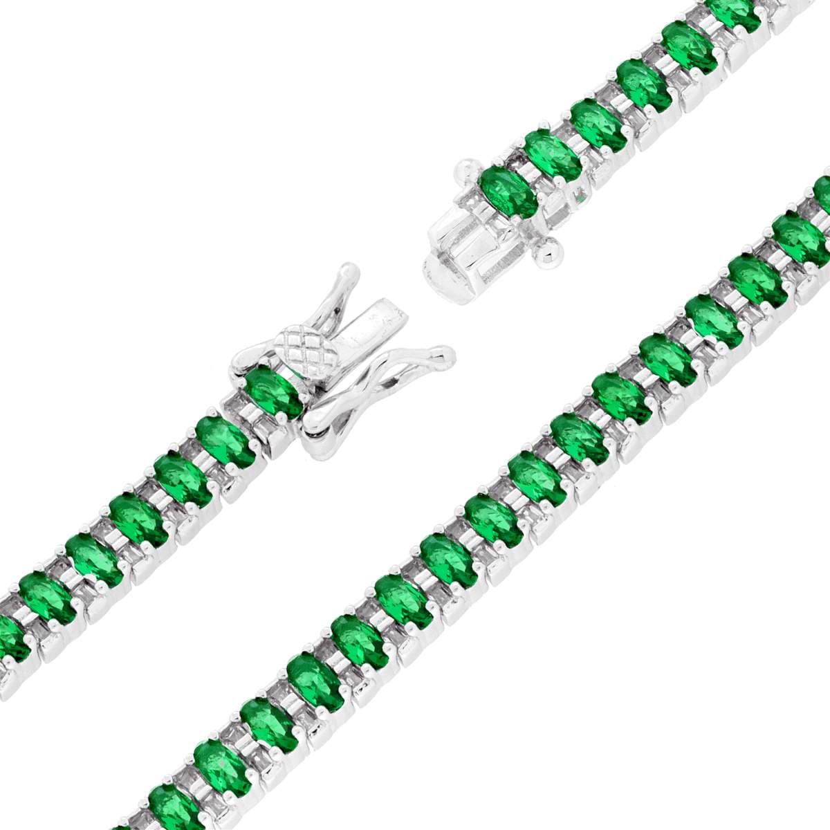 Bracciale Tennis Griffe mm 17 con Ovali Verde Smeraldo e Cubic Zirconia Bianchi in ARGENTO 925 Galvanica Rodio