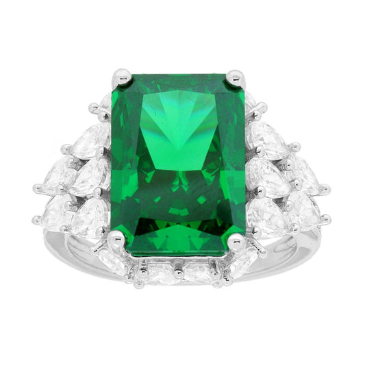 Anello Solitario Verde Smeraldo contornato da Cubic Zirconia Goccia Bianchi in ARGENTO 925 Galvanica Rodio