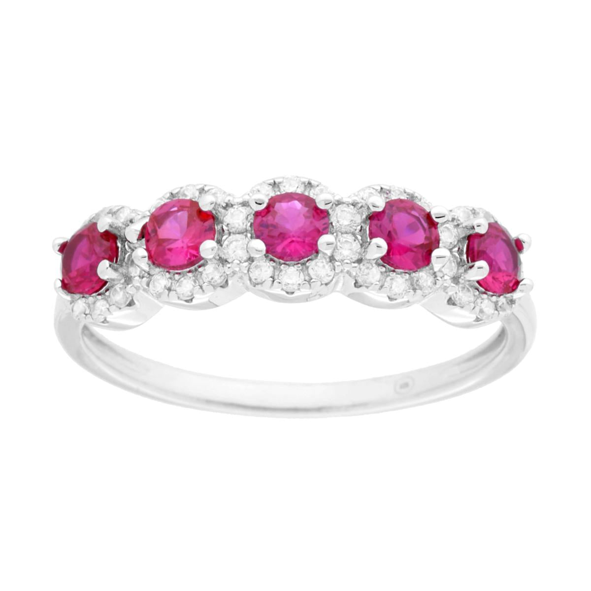 Anello Veretta Rosso Rubino contornati da Cubic Zirconia Bianchi in ARGENTO 925 Galvanica Rodio