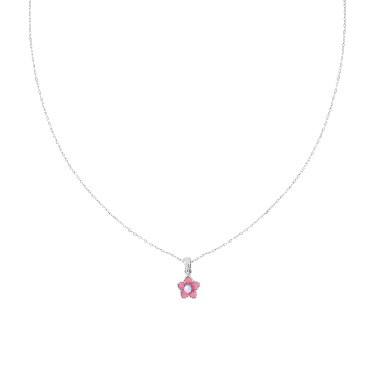 Collana Catena Forzatina Diamantata con Fiore smalto Rosa e Perla in ARGENTO 925 Galvanica Rodio