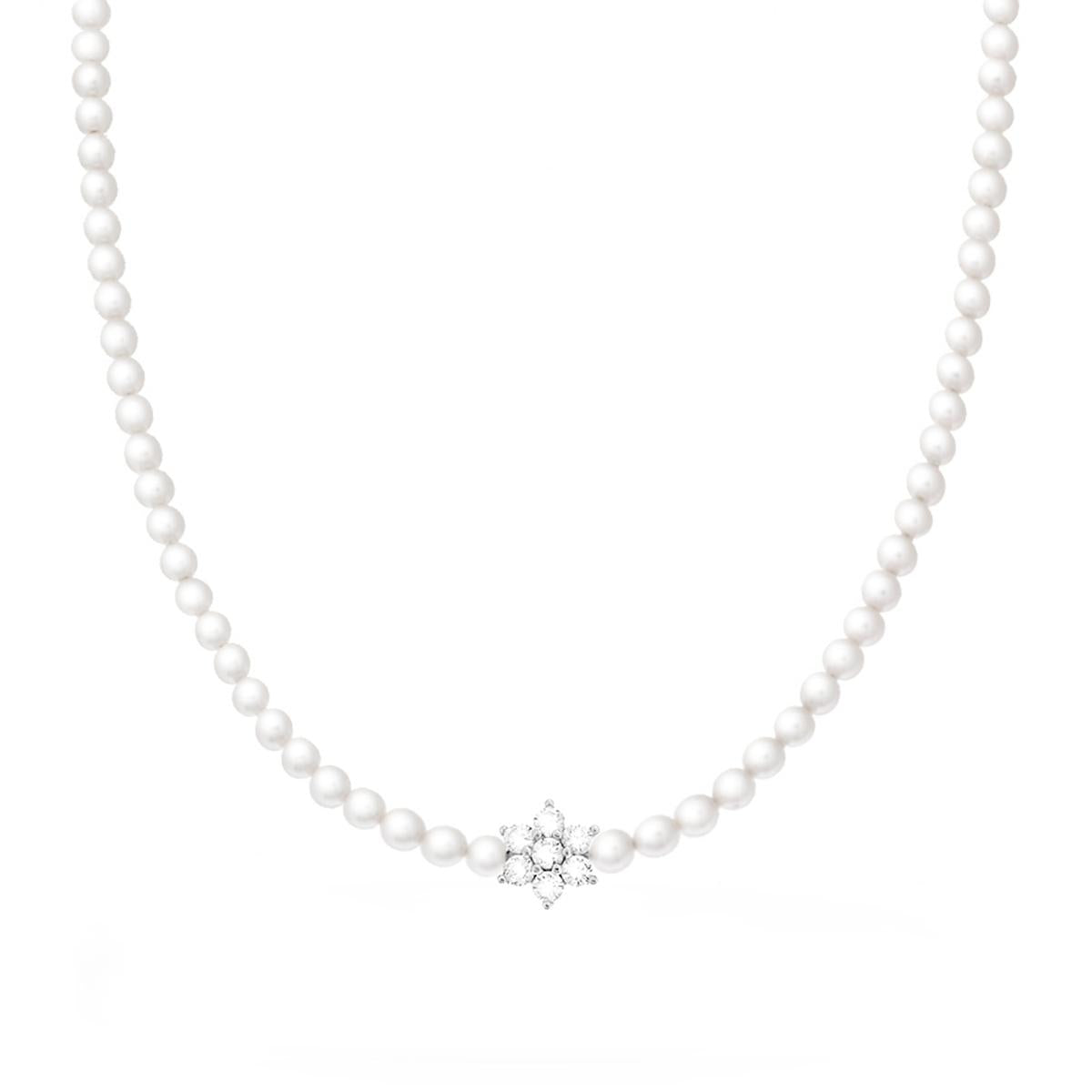 Collana Perla mm 4 in Vetro perlato con Fiore centrale Cubic Zirconia Bianchi con filo e chiusura in ARGENTO 925 Galvanica Rodio