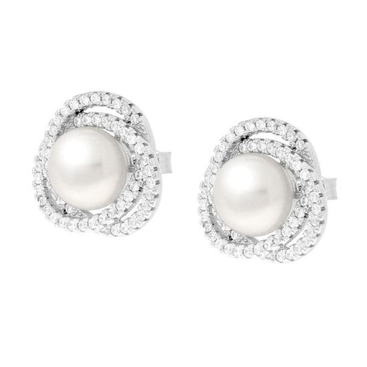 Orecchini Tondi Vortice con Perla di Fiume e Cubic Zirconia Bianchi in ARGENTO 925 Galvanica Rodio
