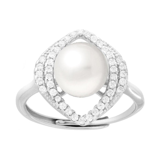Anello Ovale Navetta con Perla di Fiume e Cubic Zirconia Bianchi in ARGENTO 925 Galvanica Rodio