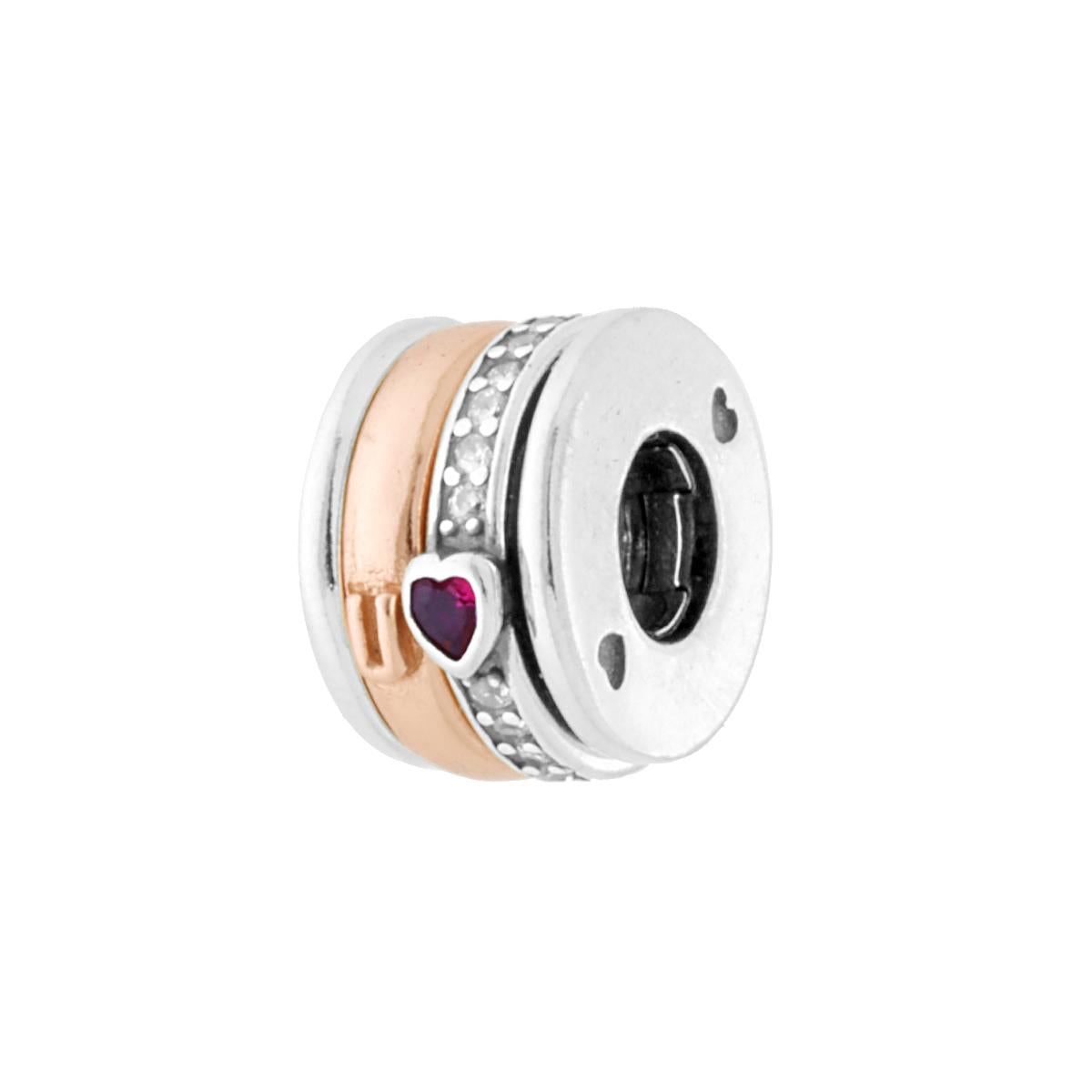 Accessorio Distanziatore Charms Universale I Love U con Anelli Rotanti Cuore Cubic Zirconia Rosso Rubino e Bianchi in ARGENTO 925 Galvanica Rodio e Rosa