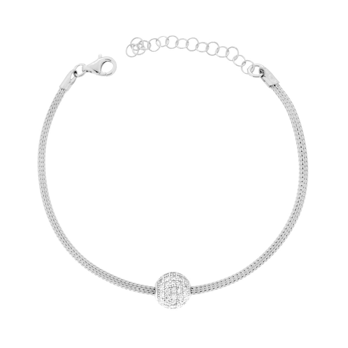 Bracciale Catena Calza con Sfera e Cubic Zirconia Bianchi in ARGENTO 925 Galvanica Rodio