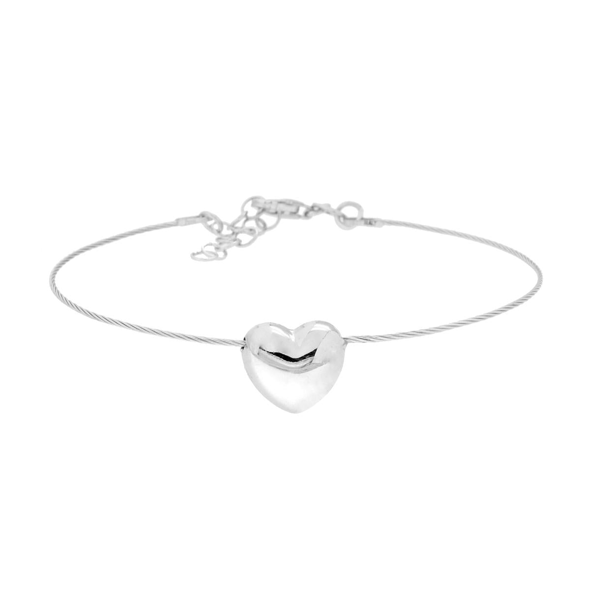 Bracciale Filo Torchon semirigido con Cuore Bombato in ARGENTO 925 Galvanica Rodio