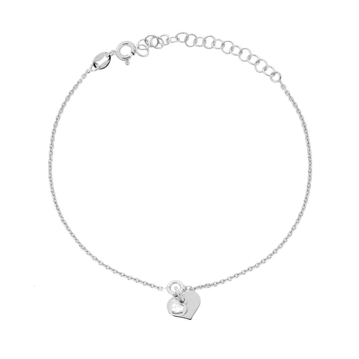 Bracciale Catena Forzatina Diamantata con Cuori plain e Cubic Zirconia Bianco in ARGENTO 925 Galvanica Rodio