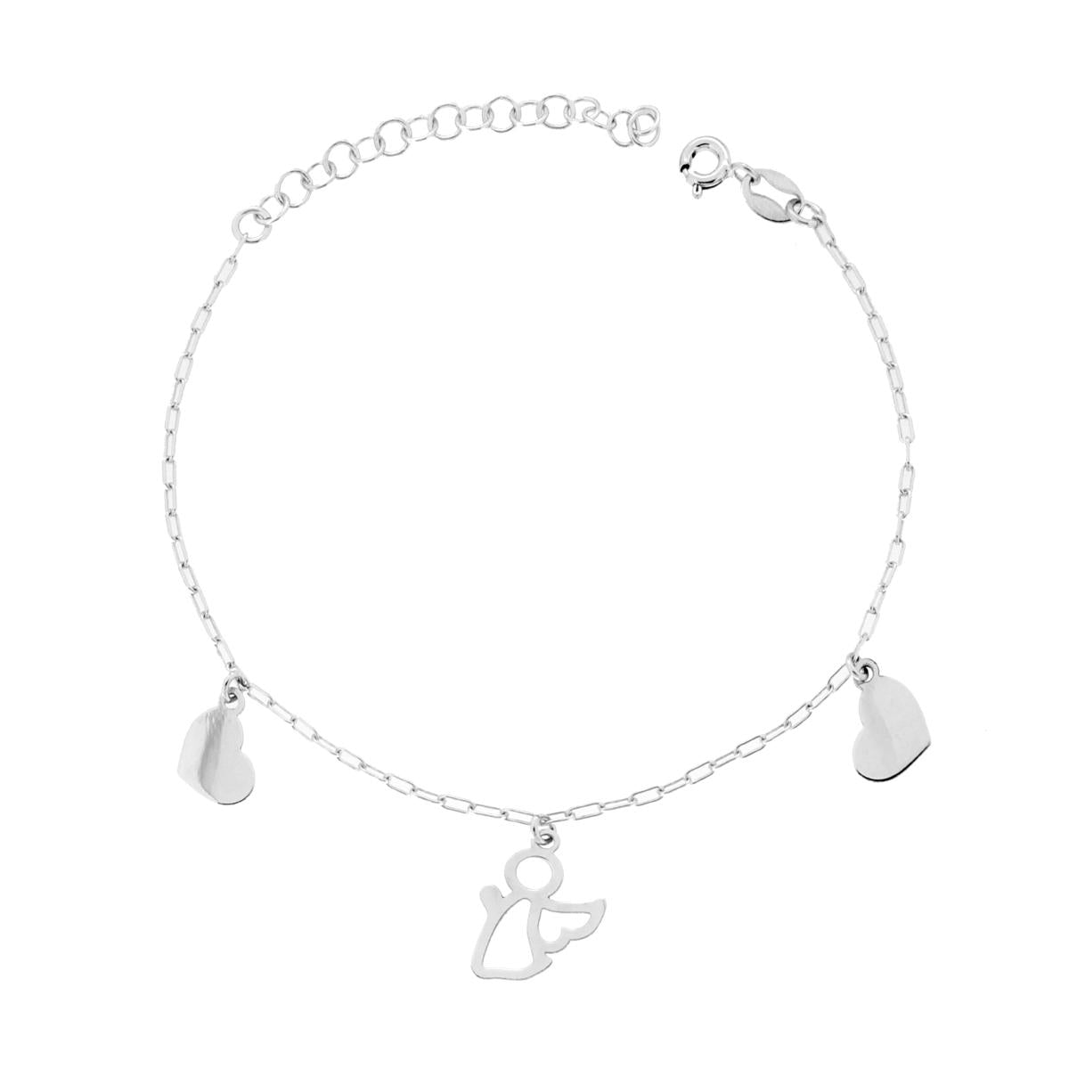 Bracciale Catena Forzatina Allungata Diamantata con Cuori e Angelo plain in ARGENTO 925 Galvanica Rodio