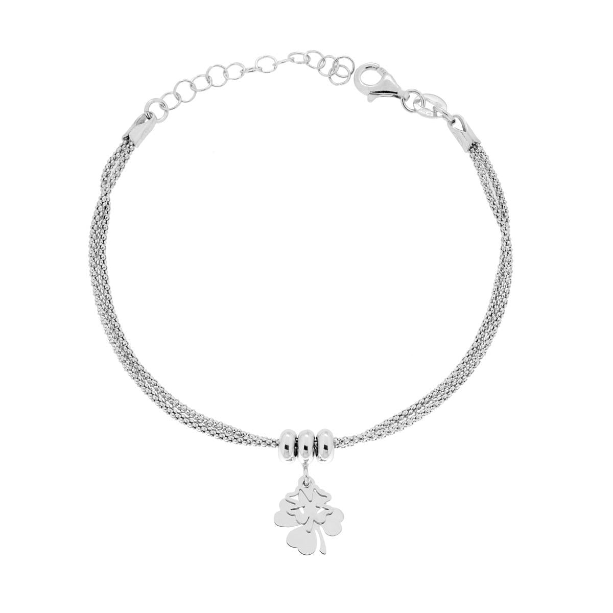 Bracciale due fili Catena Coreana con Quadrifogli pendenti in ARGENTO 925 Galvanica Rodio