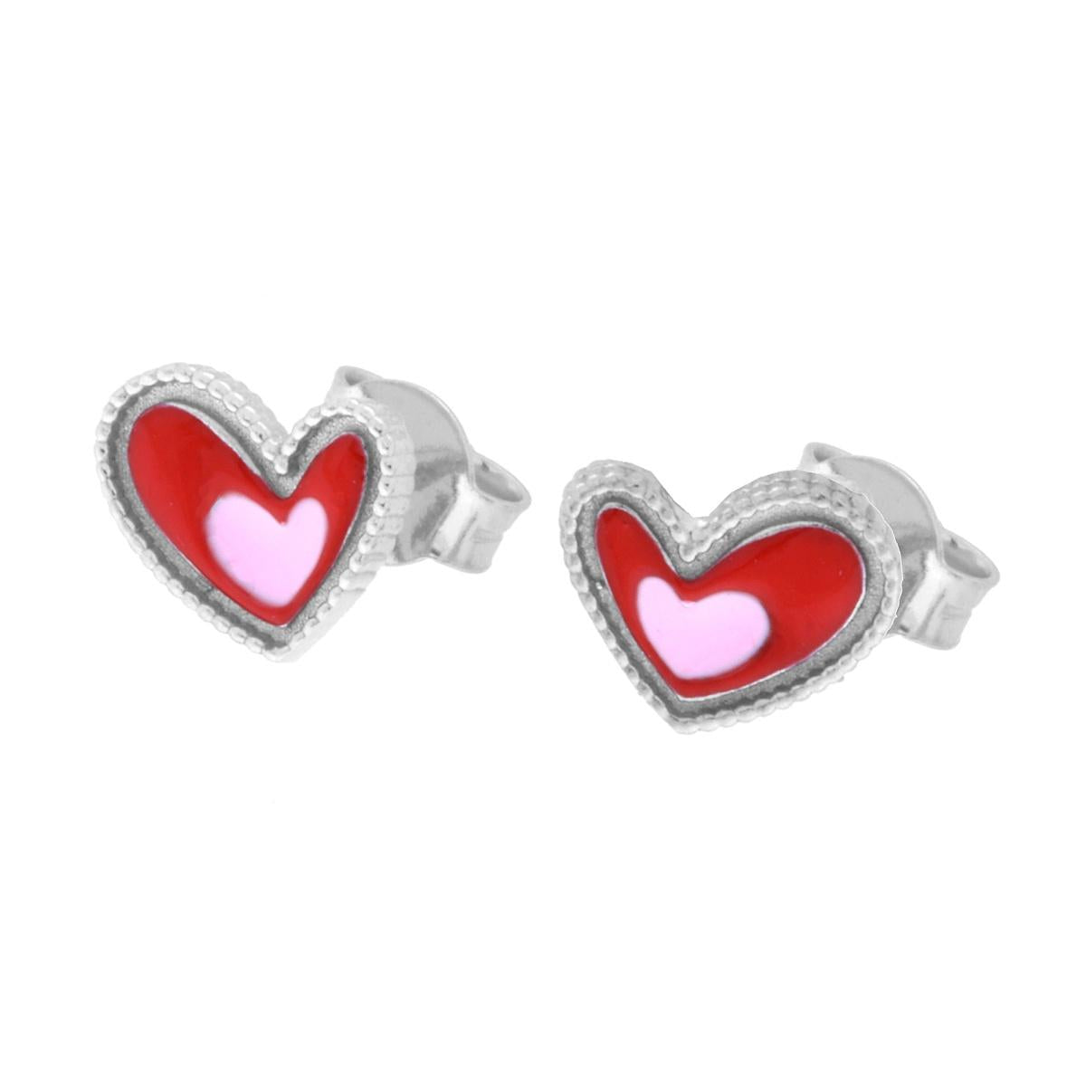 Orecchini Cuore con smalto Rosa e Rosso in ARGENTO 925 Galvanica Rodio