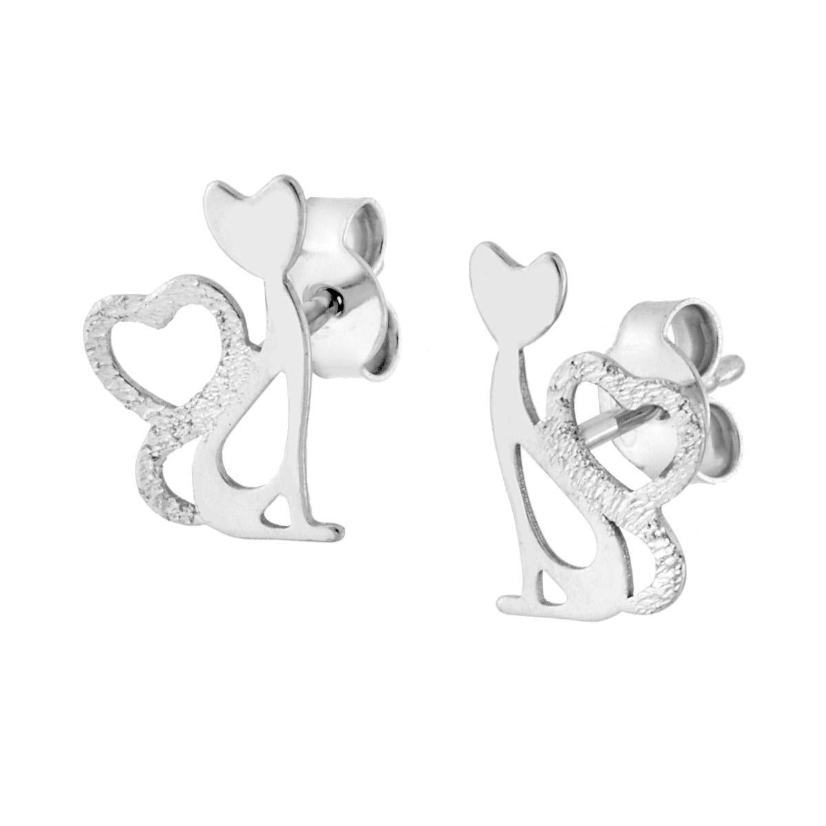 Orecchini Gatto con Cuore Diamantato in ARGENTO 925 Galvanica Rodio