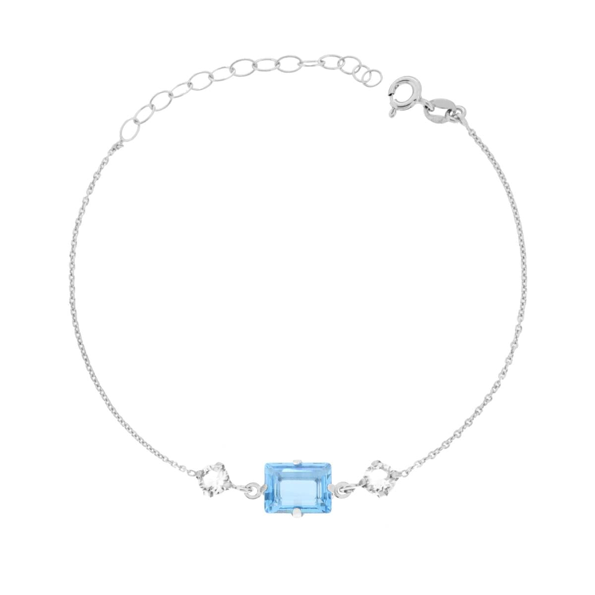Bracciale Catena Forzatina Diamantata con Punti Luce Tondo e Baguette Crystal Bianco e Acquamarina in ARGENTO 925 Galvanica Rodio