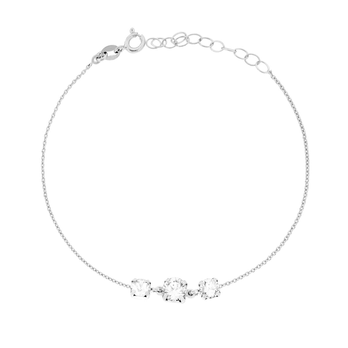 Bracciale Catena Forzatina Diamantata con Trilogy Punti Luce Tondo Crystal Bianco in ARGENTO 925 Galvanica Rodio
