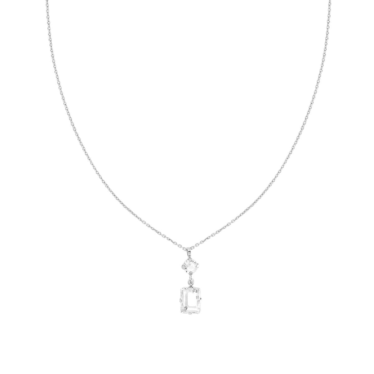 Collana Catena Forzatina Diamantata con Punti Luce Tondo e Baguette Crystal Bianco in ARGENTO 925 Galvanica Rodio