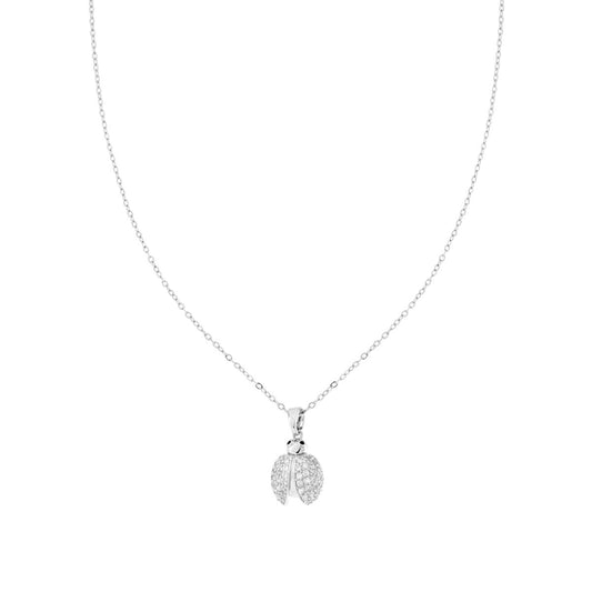 Collana Catena Forzatina Diamantata con Coccinella e Crystal Bianchi in ACCIAIO e OTTONE