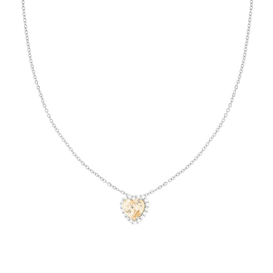 Collana Catena Forzatina Diamantata con Cuore Champagne contornato da Crystal Bianchi in ACCIAIO e OTTONE