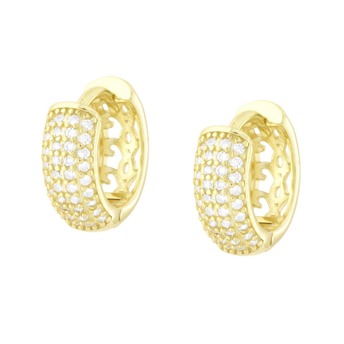 Orecchini Cerchio a Scattino mm 15 con Cubic Zirconia Bianchi in ARGENTO 925 Galvanica Oro