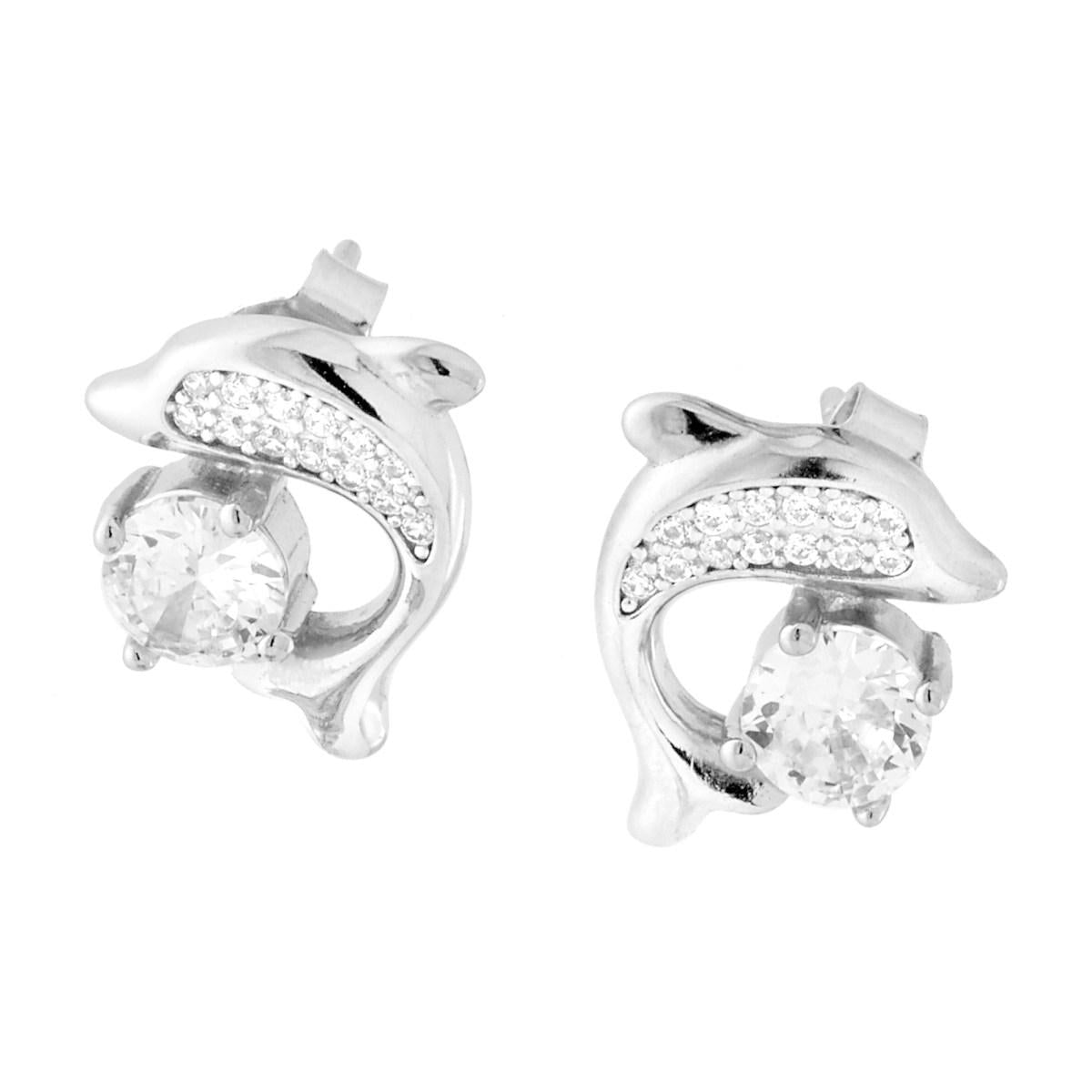 Orecchini Delfino con Punto Luce Cubic Zirconia Bianchi in ARGENTO 925 Galvanica Rodio