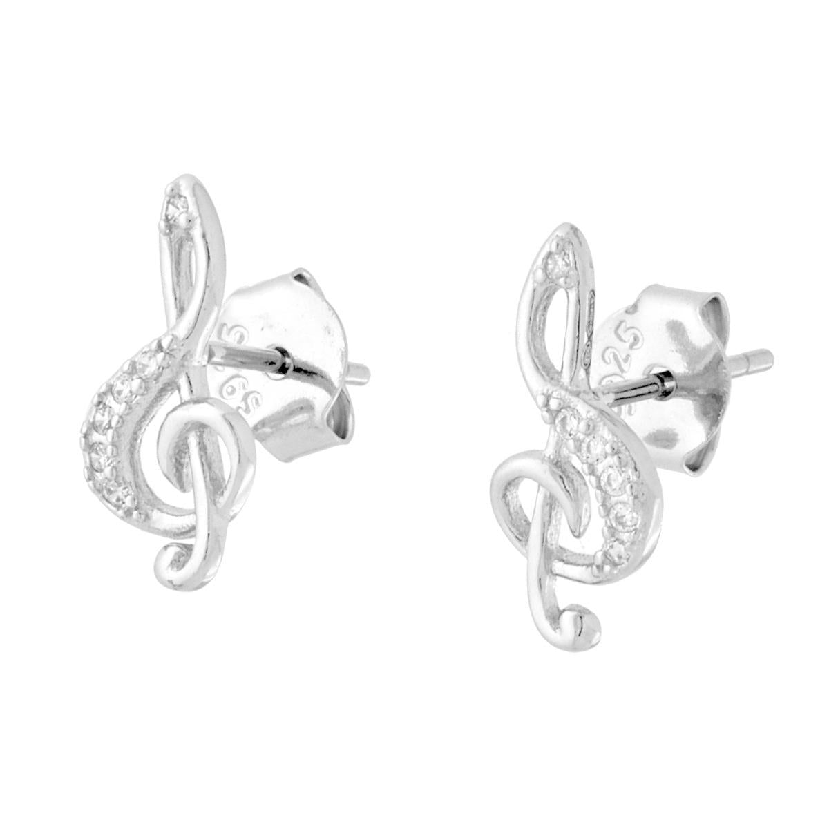 Orecchini Chiave di Violino con Cubic Zirconia Bianchi in ARGENTO 925 Galvanica Rodio