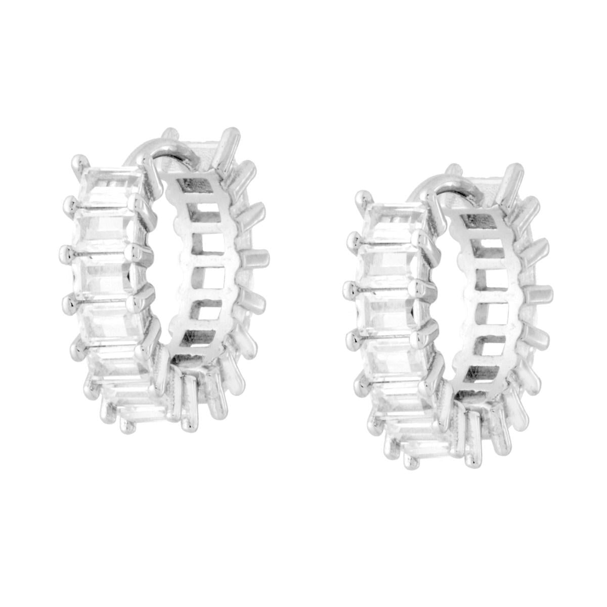 Orecchini Cerchio a Scattino mm 16 con Baguette Cubic Zirconia Bianchi in ARGENTO 925 Galvanica Rodio