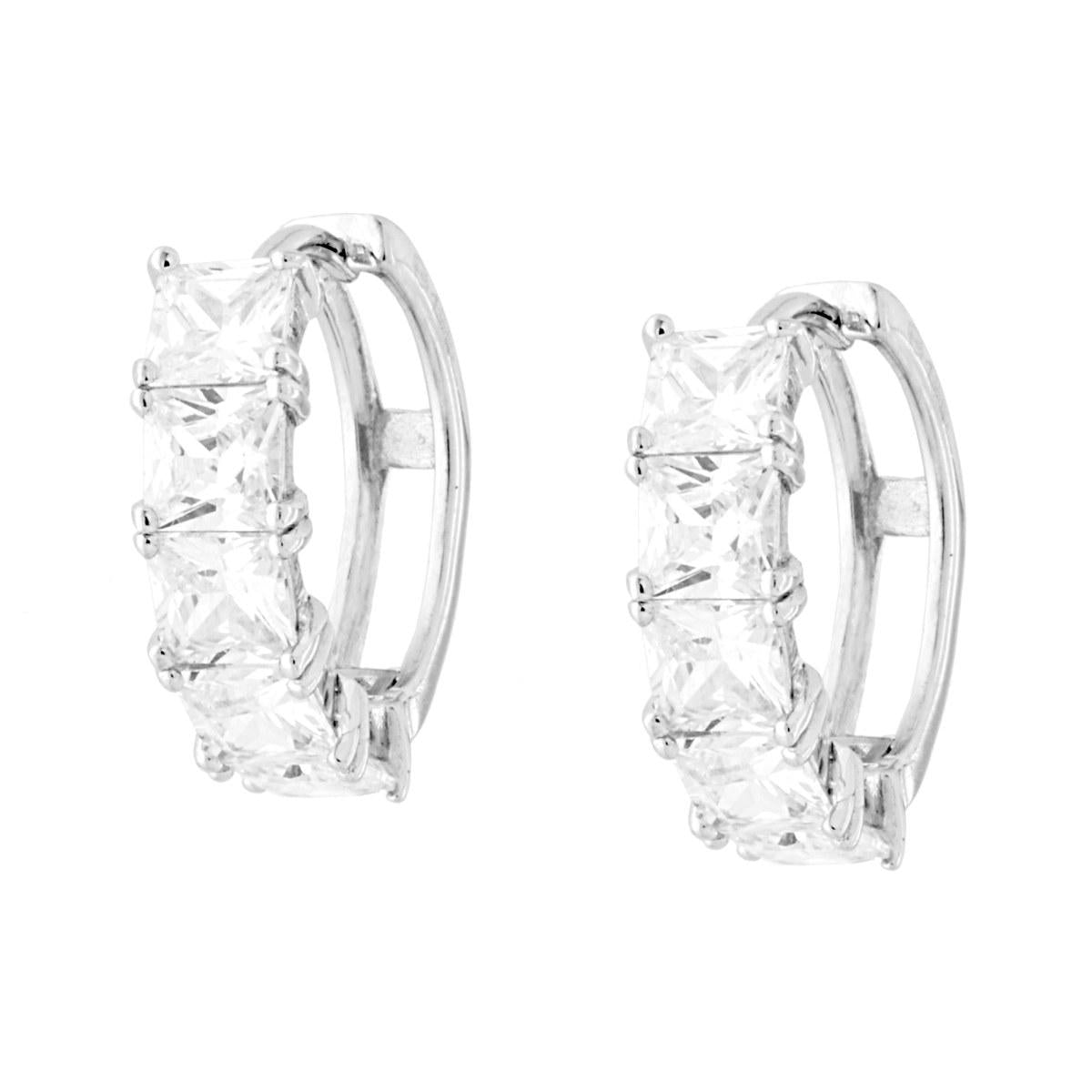 Orecchini Cerchio a Scattino mm 17 con Carre Cubic Zirconia Bianchi in ARGENTO 925 Galvanica Rodio