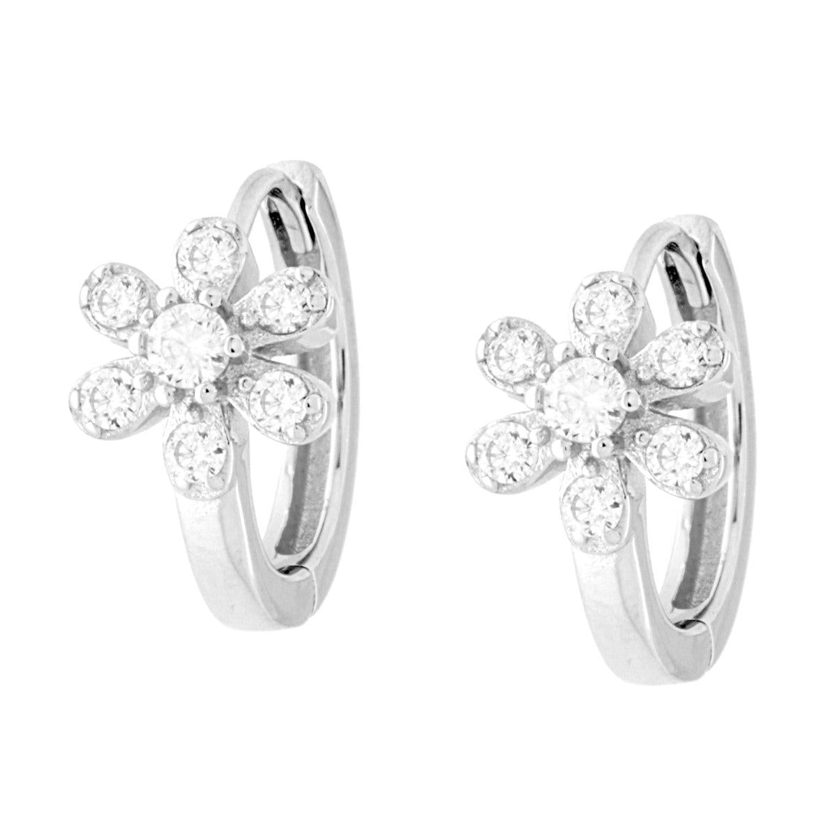Orecchini Cerchio a Scattino mm 16 con Fiore Cubic Zirconia Bianchi in ARGENTO 925 Galvanica Rodio