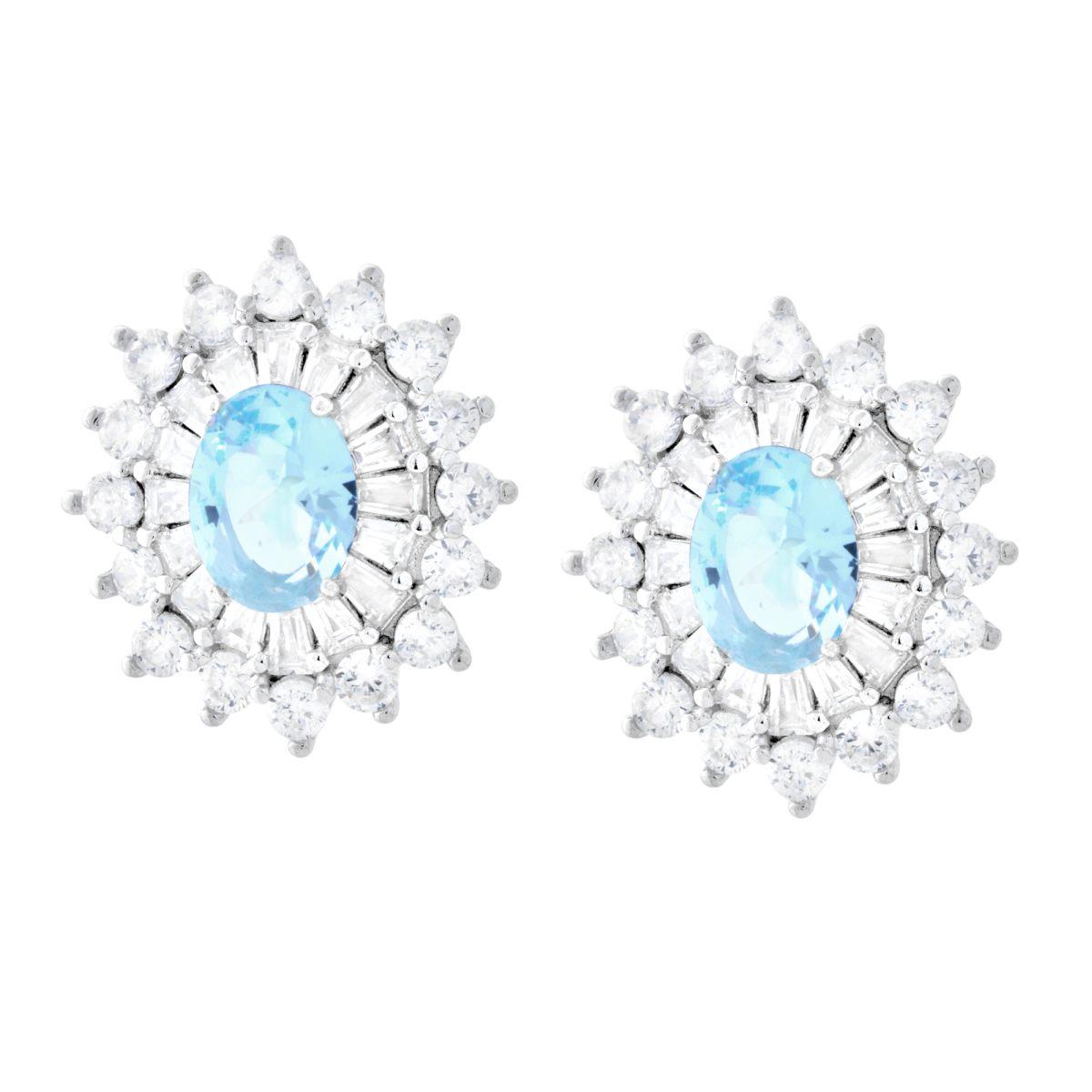 Orecchini Ovale Acquamarina contornato da Cubic Zirconia Trapezio Bianchi in ARGENTO 925 Galvanica Rodio