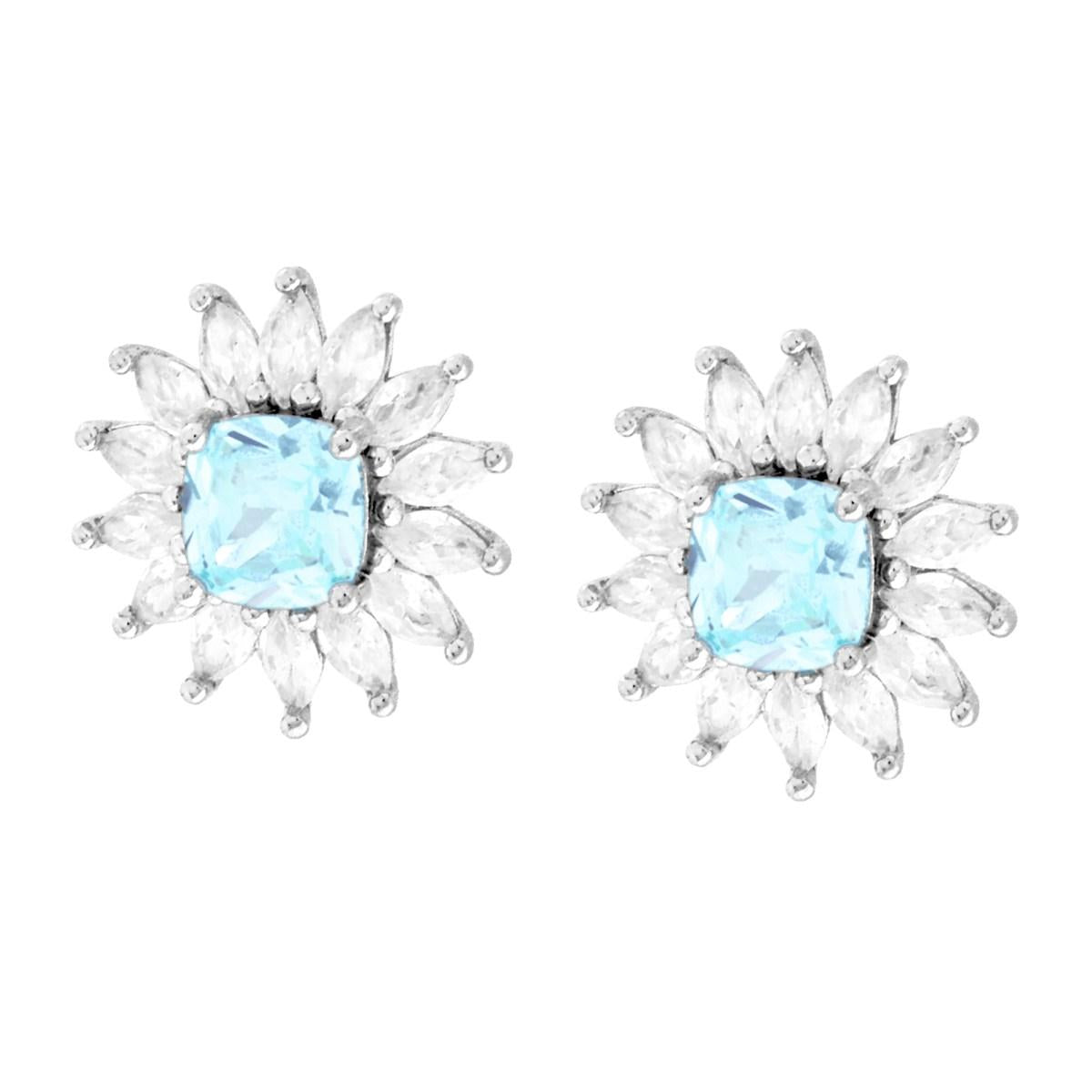 Orecchini Quadrato Cushion Acquamarina contornato da Cubic Zirconia Marquise Bianchi in ARGENTO 925 Galvanica Rodio