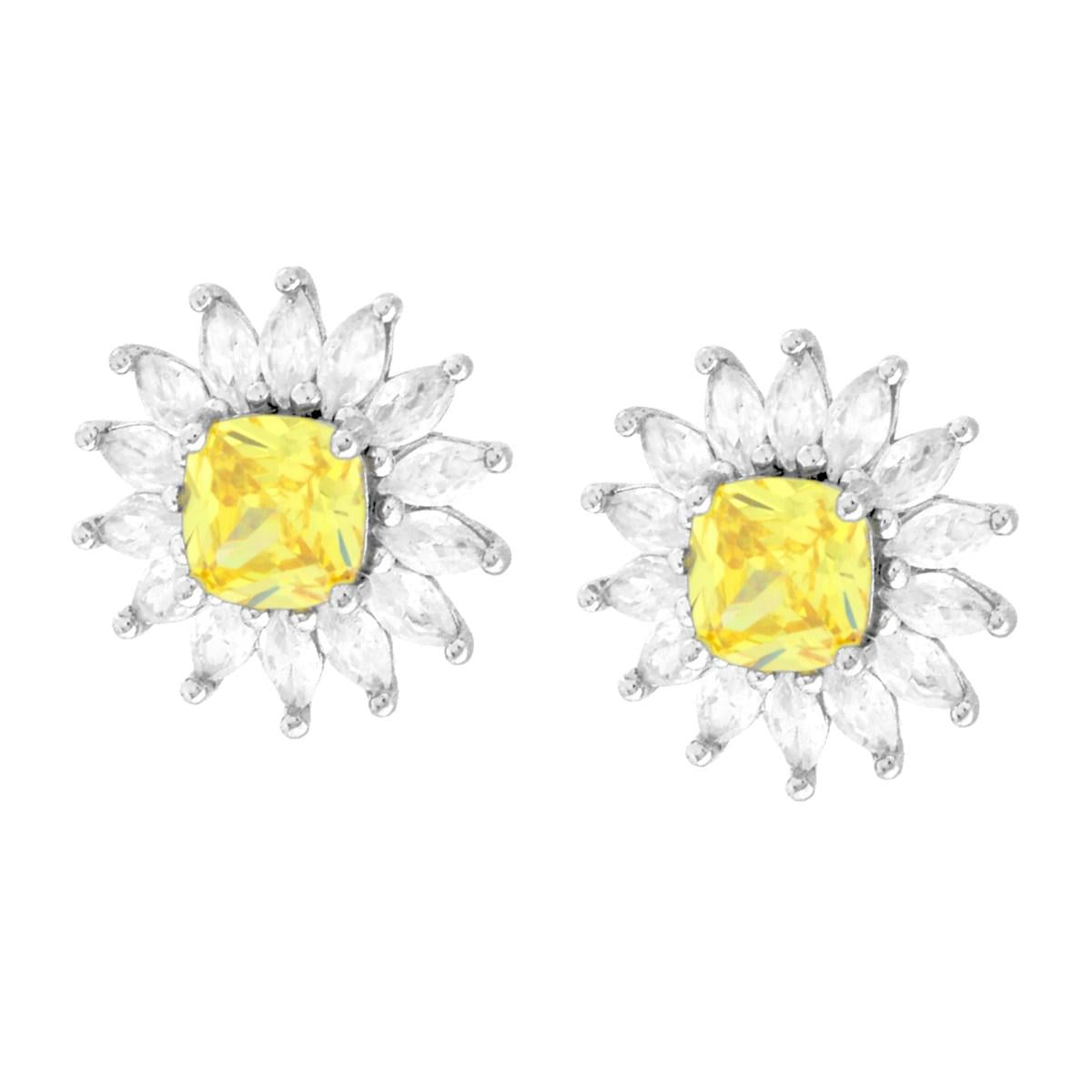 Orecchini Quadrato Cushion Topazio Giallo contornato da Cubic Zirconia Marquise Bianchi in ARGENTO 925 Galvanica Rodio