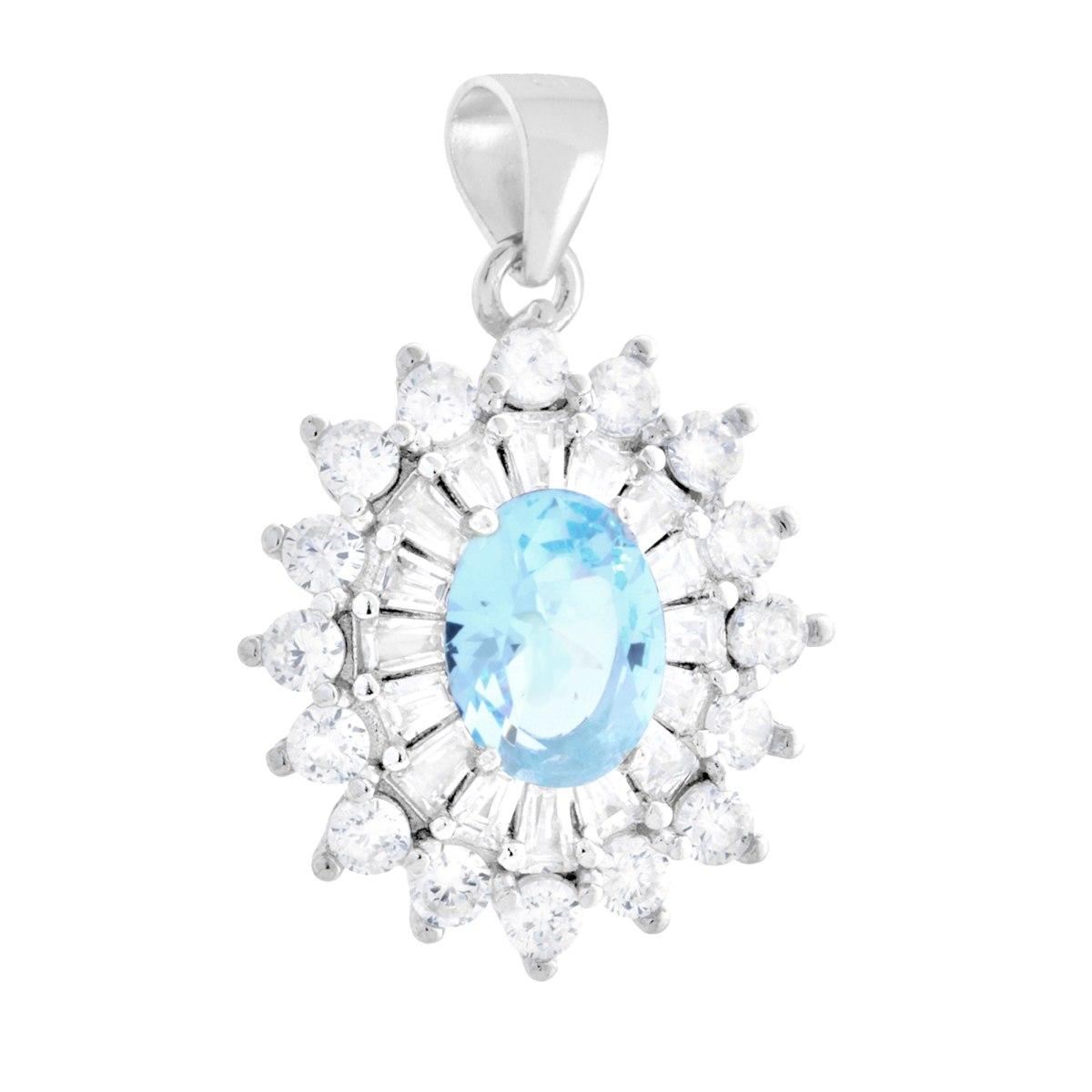 Ciondolo Ovale Acquamarina contornato da Cubic Zirconia Trapezio Bianchi in ARGENTO 925 Galvanica Rodio