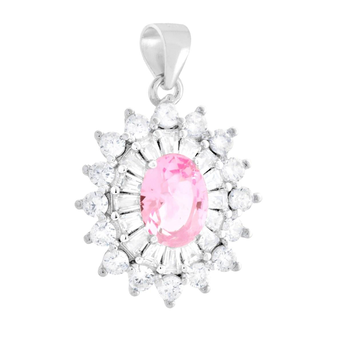 Ciondolo Ovale Rosa contornato da Cubic Zirconia Trapezio Bianchi in ARGENTO 925 Galvanica Rodio